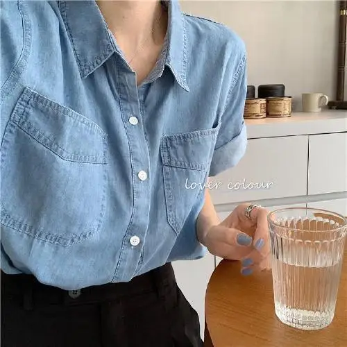 

2021 summer new polo collar top loose and versatile medium length Hong Kong style short sleeve denim shirt