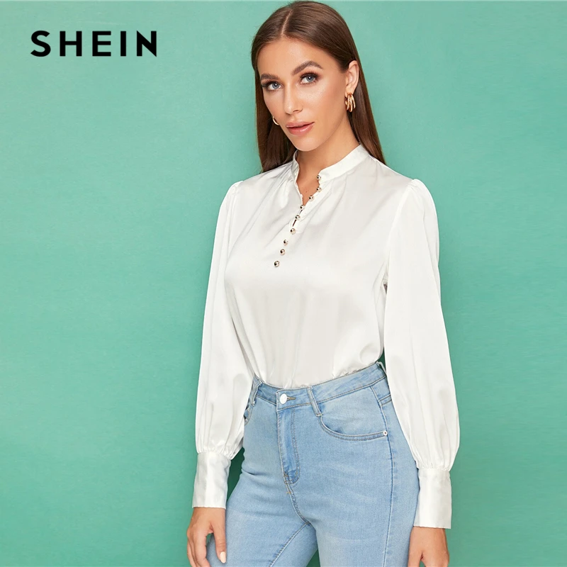 SHEIN белый пуговицы спереди Фонари рукав Атласный топ монотонная блузка Для женщин сезон осень, со стоячим воротником женские офисные элегантная абайя блузки