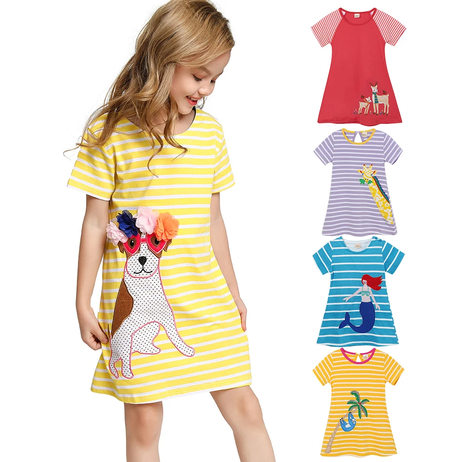 

Cute Cartoon Baby Girls Dress Unicorn Flower Giraffe Dog Princess Arier Clothes Animal Cotton Stripe Children Casual Dress 1-8T