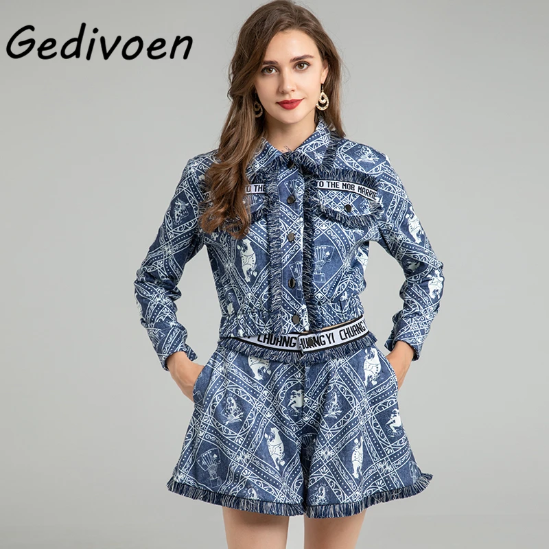 

Новинка 2021, модельные осенние шорты Gedivoen, винтажная блузка с длинным рукавом и принтом + комбинированные шорты с кисточками, костюмы