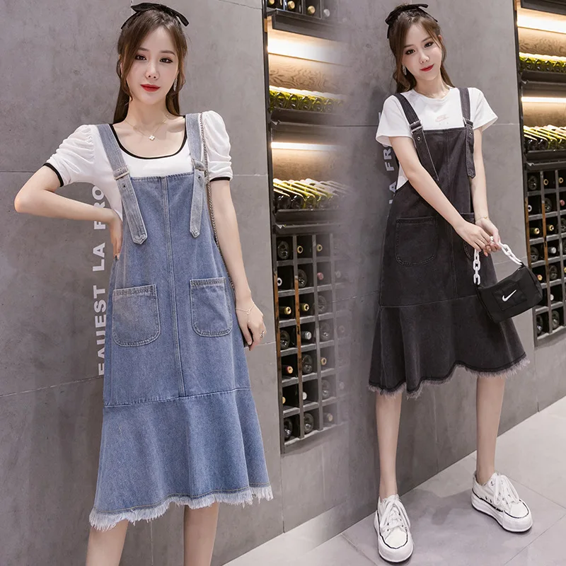 

New Summer Plus Size 5XL Denim Overall Dress Korean Style High Waist Sleeveless Strap Ruffles Pocket Slim Fit Jeans Sundress