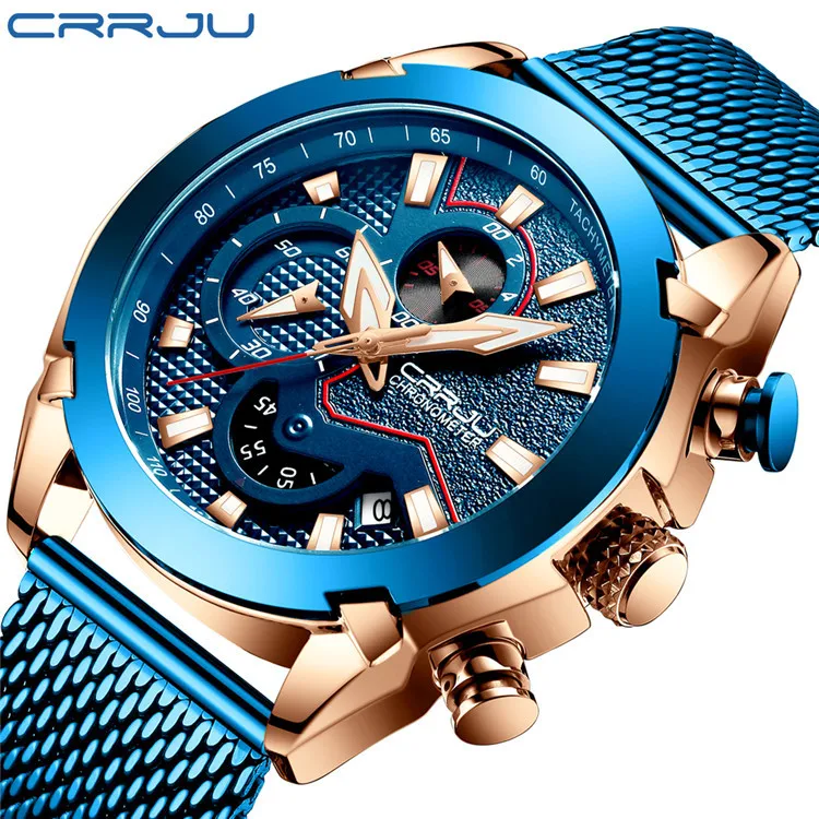 

CRRJU 2219 New Men's Mesh Belt Watch Multi-Function Six-Pin Chronograph Watch Men Fashion Sports Large Dial Wristwatches
