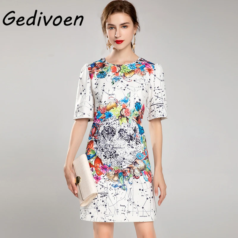 

Gedivoen Runway Designer Autumn Half Sleeve Short Dress Women's Fashion Beaded Crystal Print O-Neck Loose A-Line White Dresses