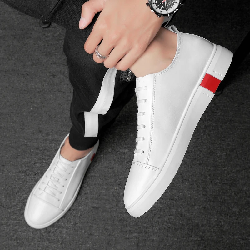 

Genuine Leather Shoes Men Sneakers Men outdoor lace up breathable Fashion Simple black White Shoes cow Leather Sneakers