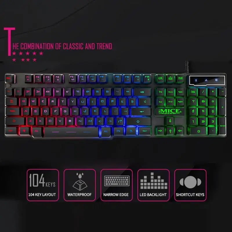 IMICE AK-600 104 клавиш USB игровая клавиатура Проводная Подсветка эргономичная клавиатура с 12 мультимедийными клавишами для компьютер ноутбук ПК