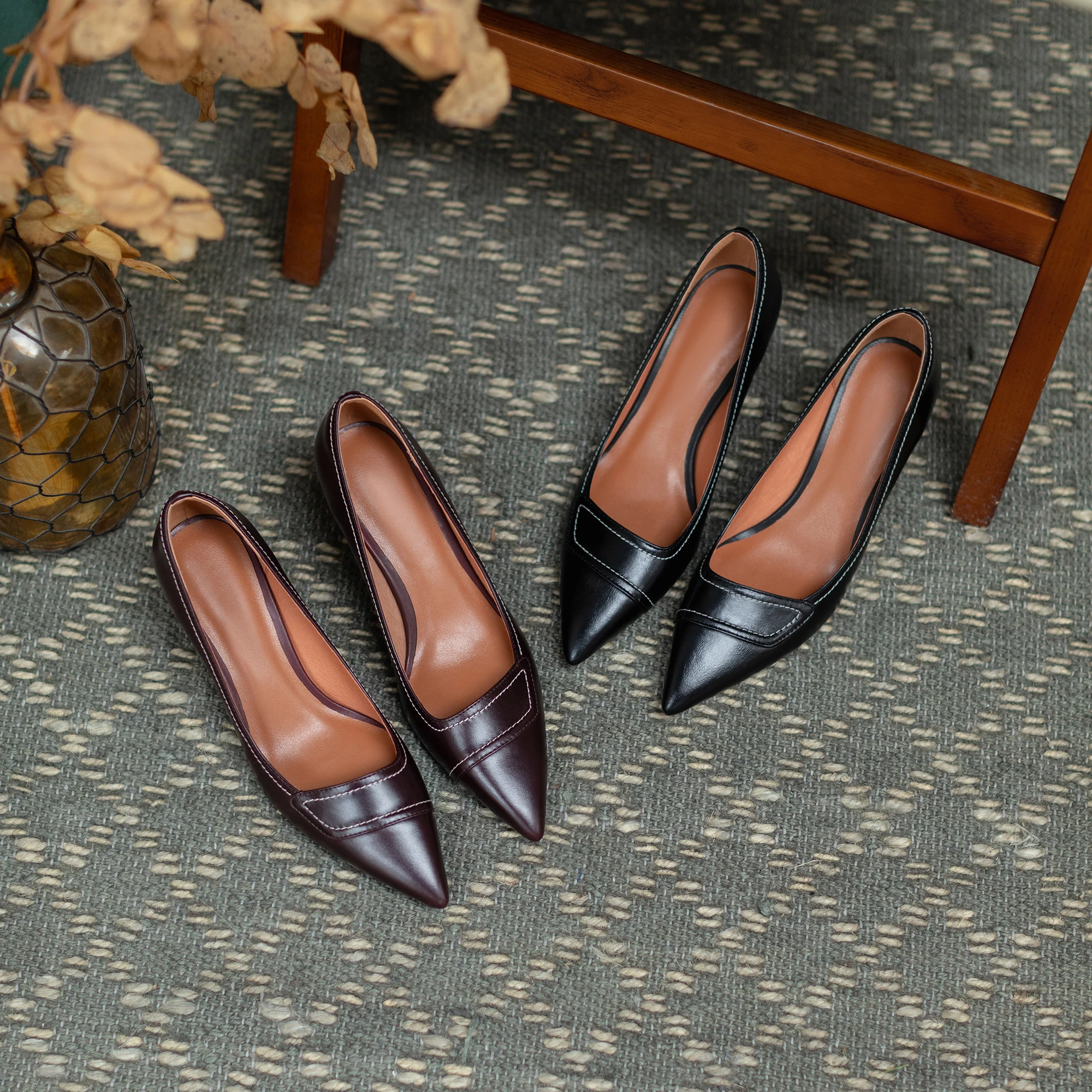

High Quality Pumps Woman Elegant 6.5cm Thin Heels Pointed Toe Pumps Black Brown Genuine Leather Handmade Party Work Shoes