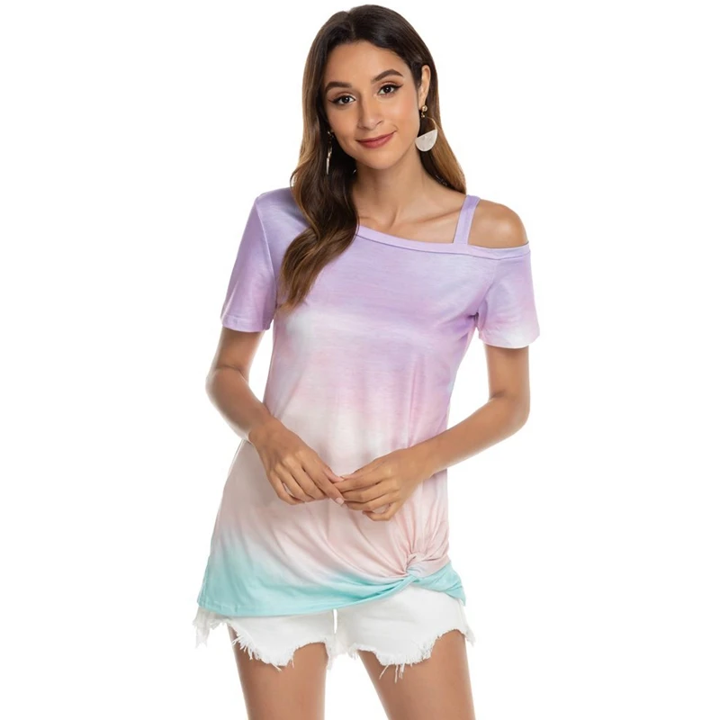 Женская рубашка на одно плечо с открытыми плечами летняя градиентная бантом