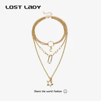 lost lady fashion multi layer hollow star pendants necklaces for women gold metal chain chocker hiphop jewelry new design gift