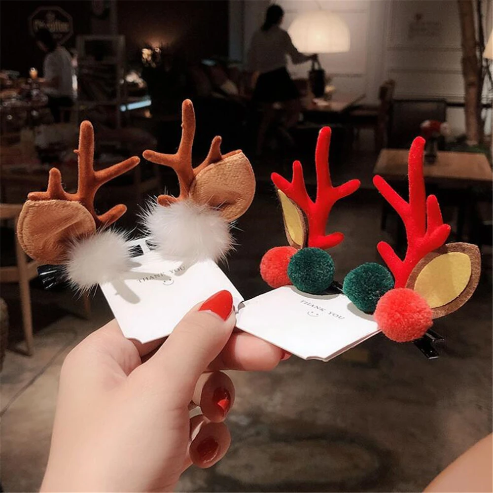 

2pcs Cute Christmas Antler Hair Clips Deer Ear Hairpins Festival Moose Mushroom Pine Cones Hair Ball Headwear Hair Accessories