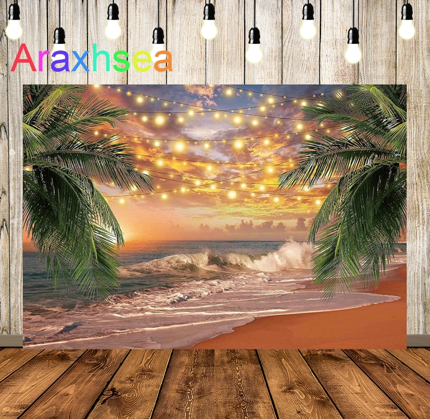

Sunset Beach Backdrop Tropical Sea Summer Palm Tree Hawaii Scenery Background Wedding Holiday Aloha Baby Shower Party Banner