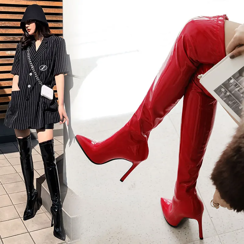 Sgesvier Over knee boots women's boots shiny patent leather boots sexy thigh boots high heels jazz dance pointed toe thin heels
