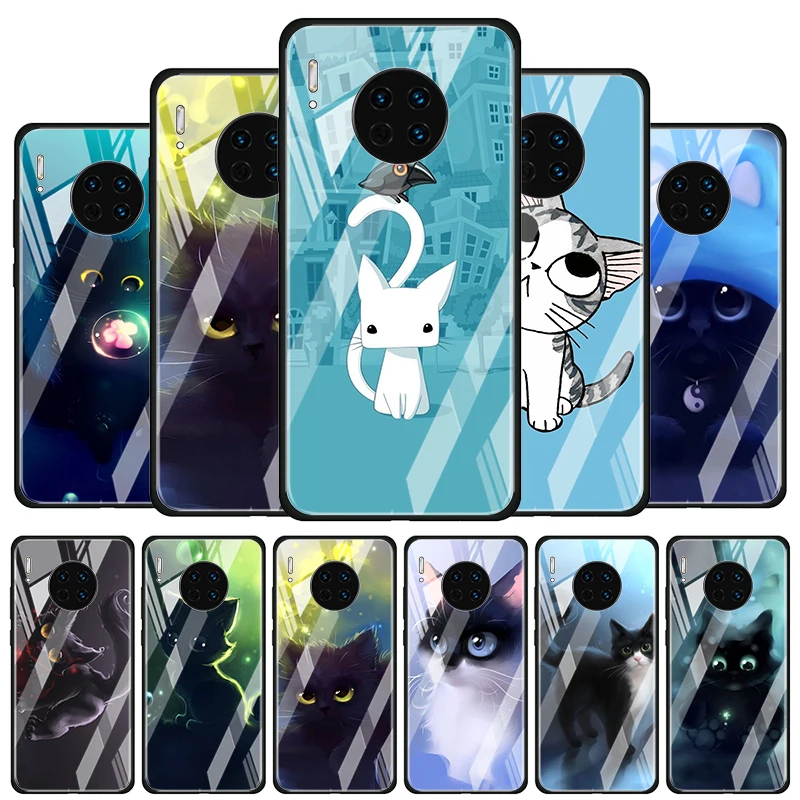 

Cute cat cartoon Tempered Glass Cover For Huawei Y6 Y7 Y9 Y5P Y6P Y8S Y8P Y9A P Smart Z 2019 2020 2021 Phone Case