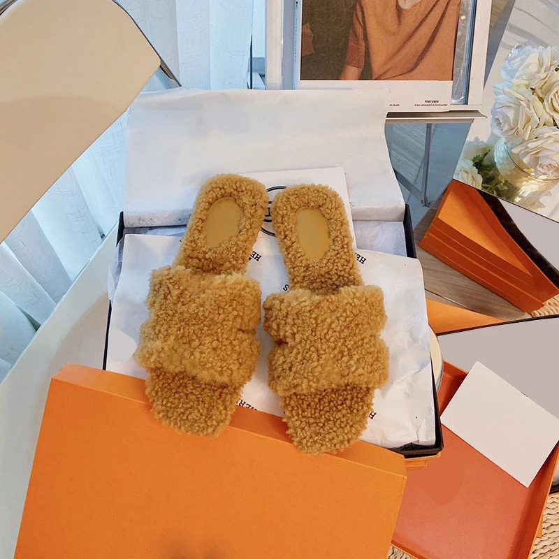 

2021 Ladies Fur Slippers High Quality Wool Designer Brand Slippers Indoor Plush Slippers Flat Shoes Logo Can Be Customized