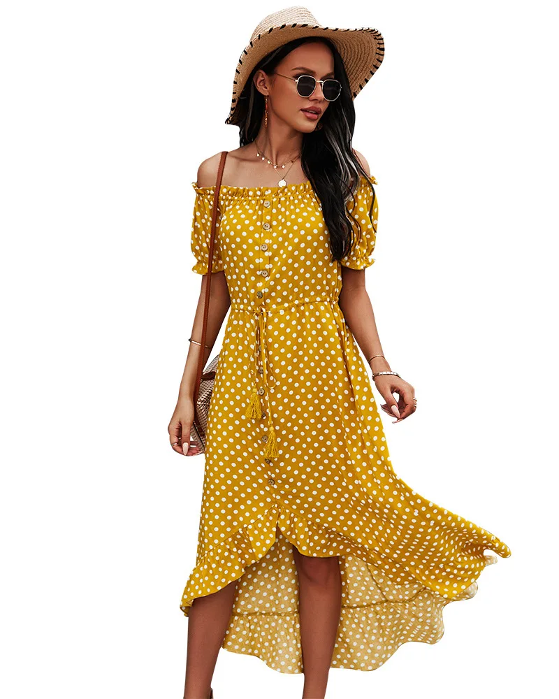 

2021 New Ladies Dot Polka Print Dress Women Tassel Button Off The Shoulder Dress For Woman Sexy Slash Neck Summer Long dress