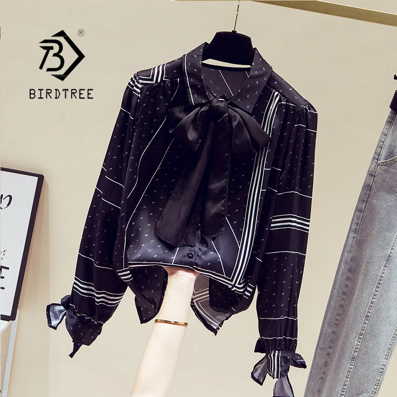

Real Photo Spring Printing Plaid Shirts Tops Women Long Sleeve Workwear Bowtie Blouses Cardigan 2021 Spring Autumn T12101X