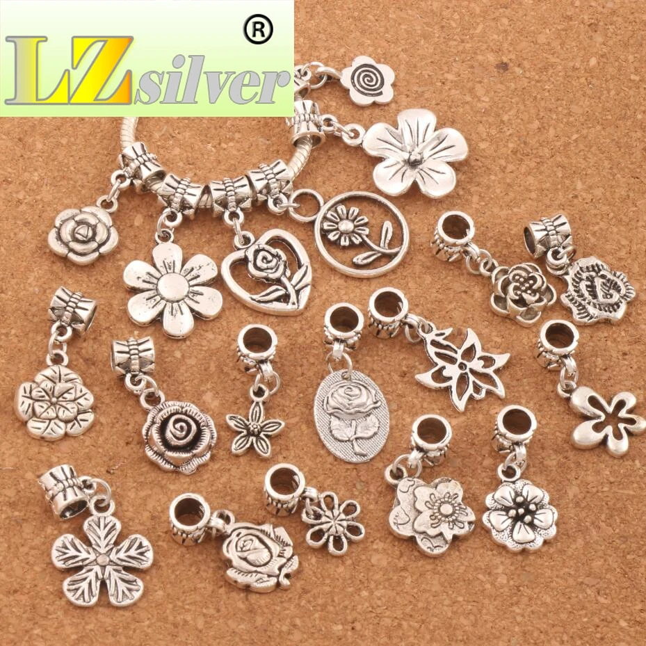 Flowers Dangle Alloy Big Hole Beads 190pcs Zinc Alloy Fit European Charm Bracelet Jewelry DIY BM55