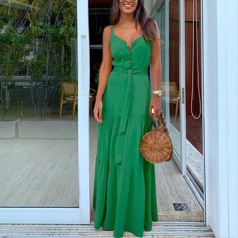 

Summer Green Tunic Maxi Dress V Neck Robe Femme Belt Elegant Ruffles Party Long Dresses Spaghetti Strap Casual