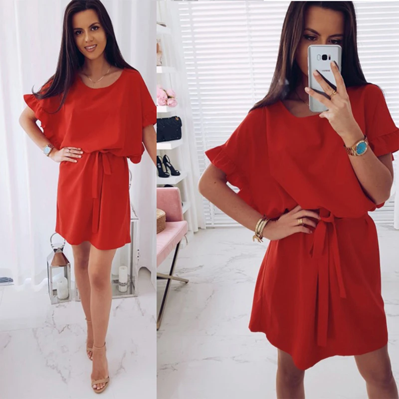 

2021 Spring Summer Sexy Dress Women Short Sleeve Round Neck Red Pink Khaki Ruffles Dress Robe Femme