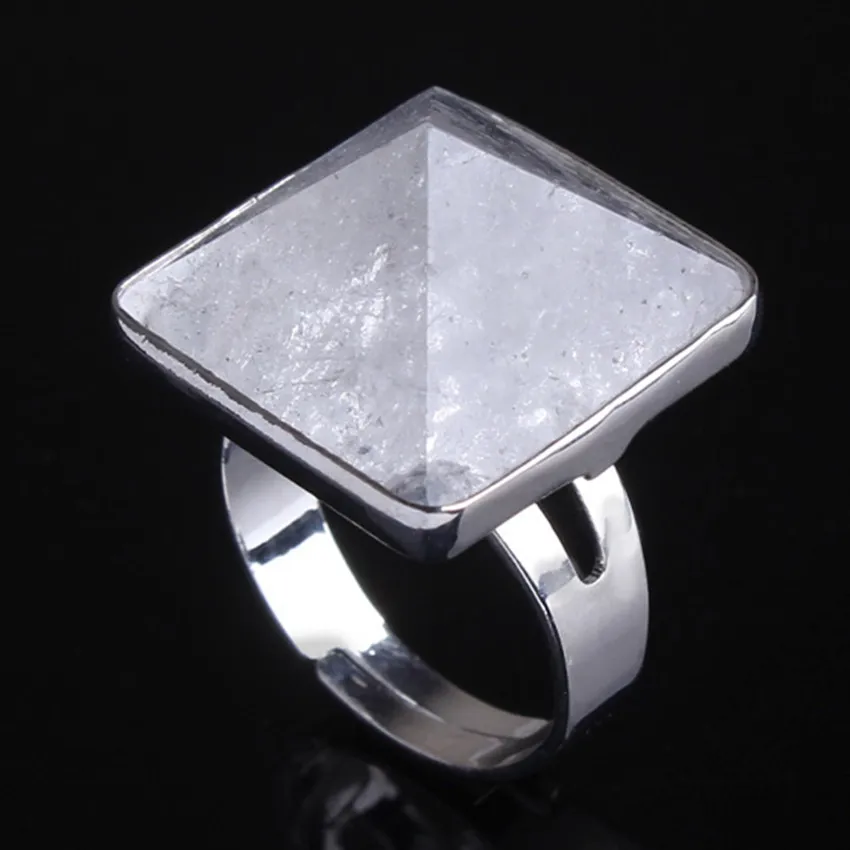 

FYSL Silver Plated Square Pyramid Clear Quartz Resizable Finger Ring for Gift Opalite Opal Jewelry