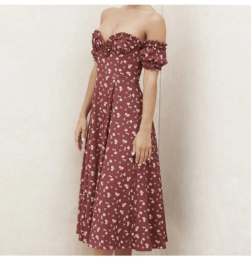 

Sexy Ruffle Off Shoulder Midi Dress Floral Printed Shorts Sleeve Dresses 3XL High Split Backless Vintage Sundress Summer Outfits
