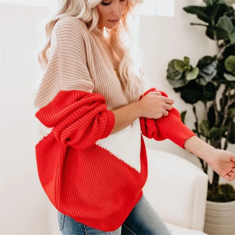 

Loose Knitted Sweater Women Jumpers Long Sleeve o-neck Woman Pullovers Sweater 2020 Autumn Winter Color Block Casual Sweater New