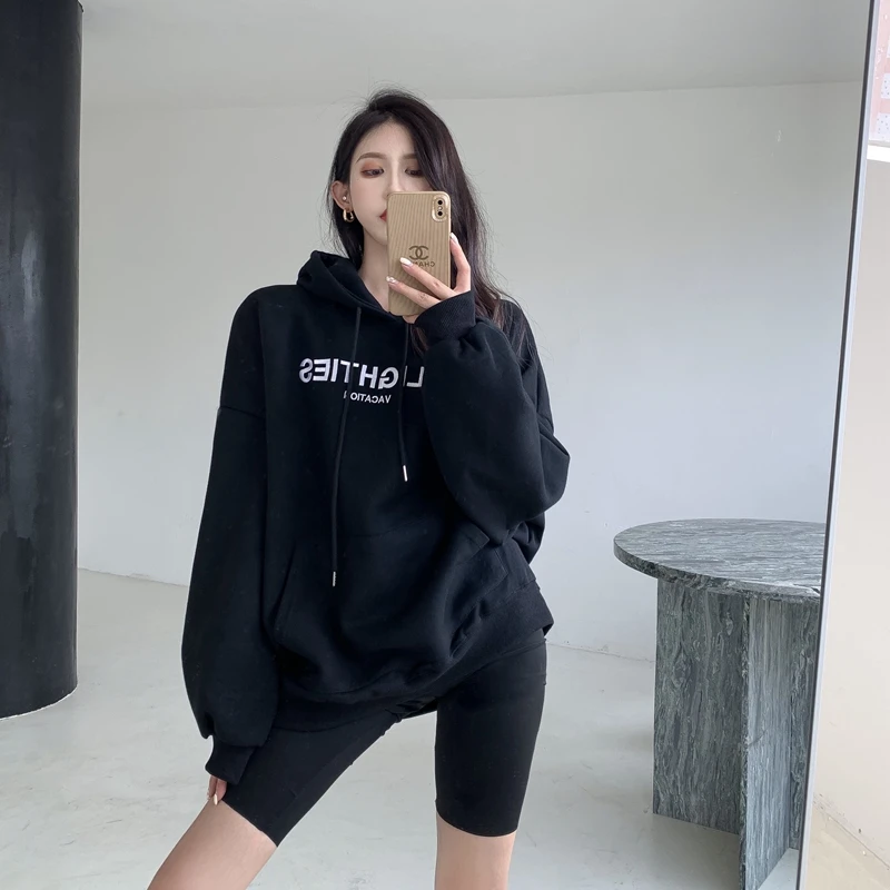 

2021 Autumn And Winter Women's Clothing new loose Letter embroidery hoodies Korean style Mid-length Straight sweatshirt women
