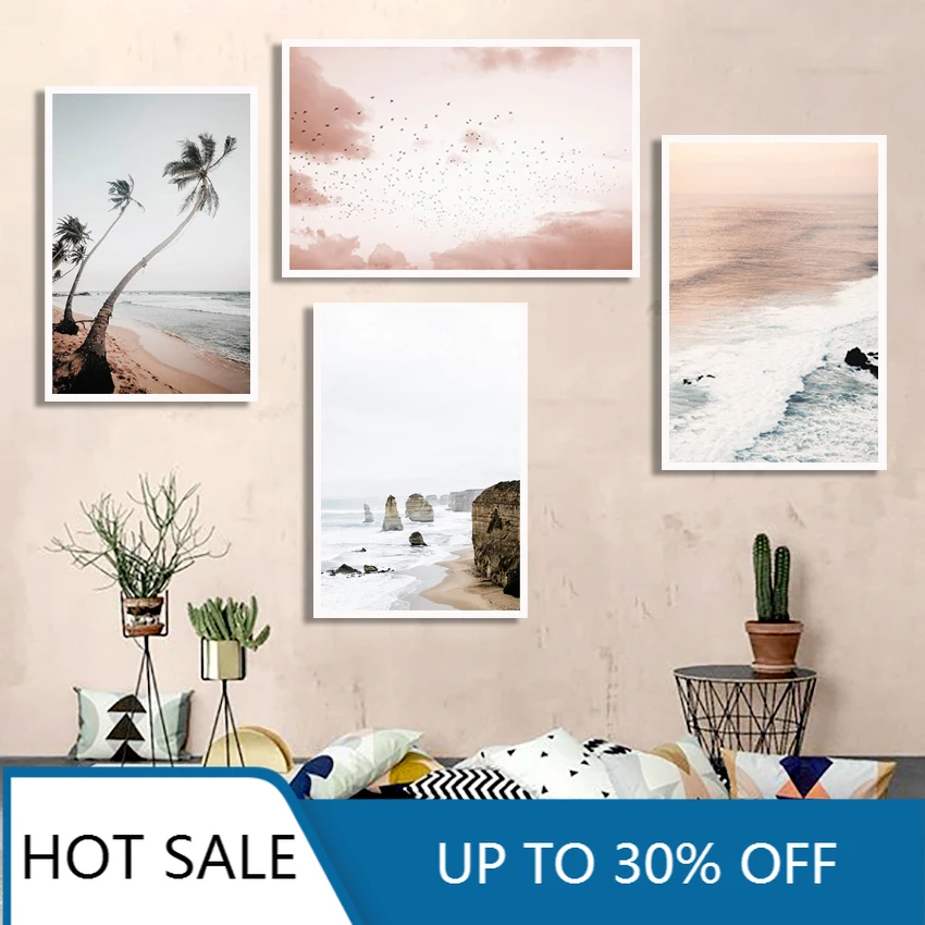 Картина на холсте морской пейзаж пальма пляж Розовое Небо птица фотография