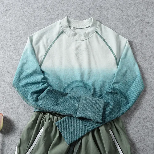 green white Ombre укороченный топ для тренировок женский для фитнеса рубашка с длинными рукавами футболка для бега спортивная женская спортивная укороченная топы для фитнеса женские спортивные рубашки - Цвет: green white