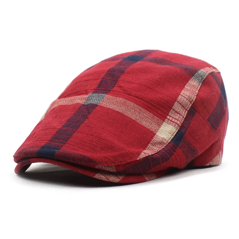 

Spring Summer Plaid Cotton Newsboy Caps Men Flat Peaked Cap Women Painter Beret Hats 32