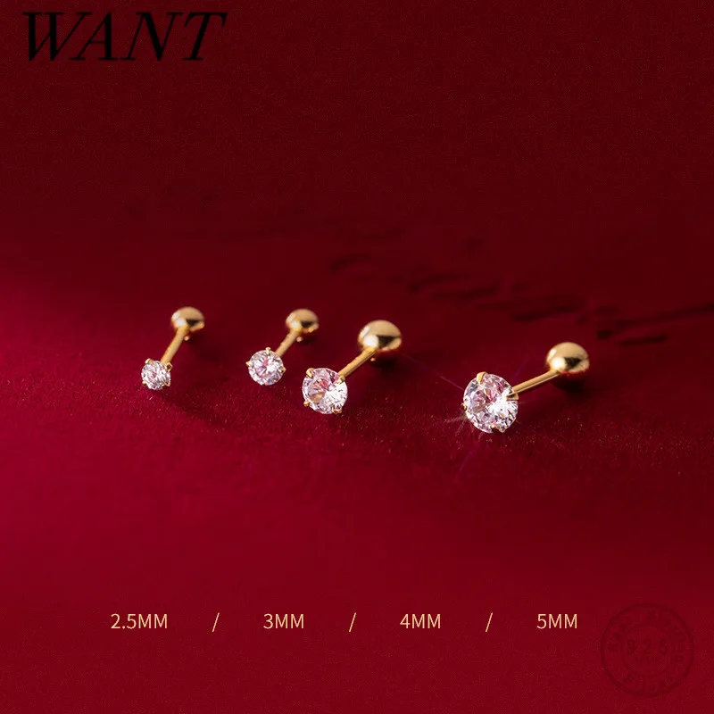WANTME Anting-Anting Kancing Manik-manik Sederhana Zirkon Bulat Mewah Perak Murni 925 untuk Wanita Aksesori Perhiasan Tindik Tubuh Modis