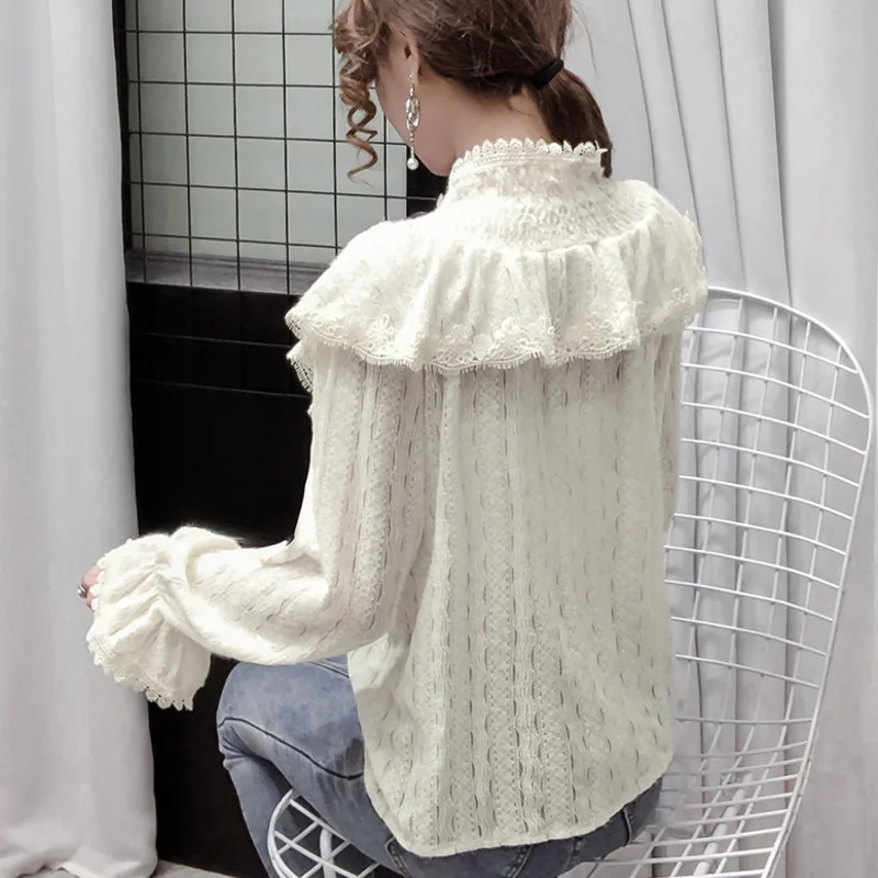 #2005 базовые Топы с воротником-бантом кружевные рубашки блузка Женская винтажная