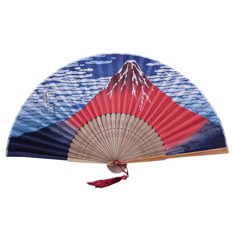 Japanese Bamboo Ribs Hand Fan Stage Prop Fujiyama/Kanagawa Sea Waves Decorative Handheld Folding with Tassel Decoration | Дом и сад