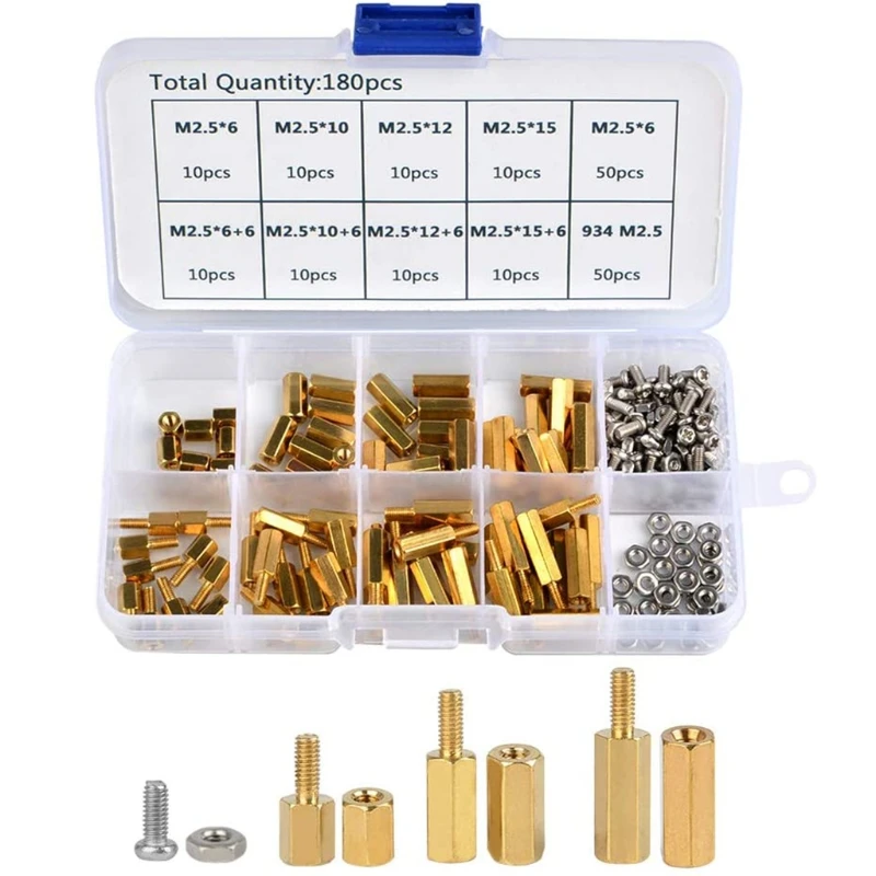 

180 Pcs Brass Spacer Male Female Threaded Spacers M2.5 Male Female Hex Brass Spacer Sleeve Screws Nuts Assorted Kit