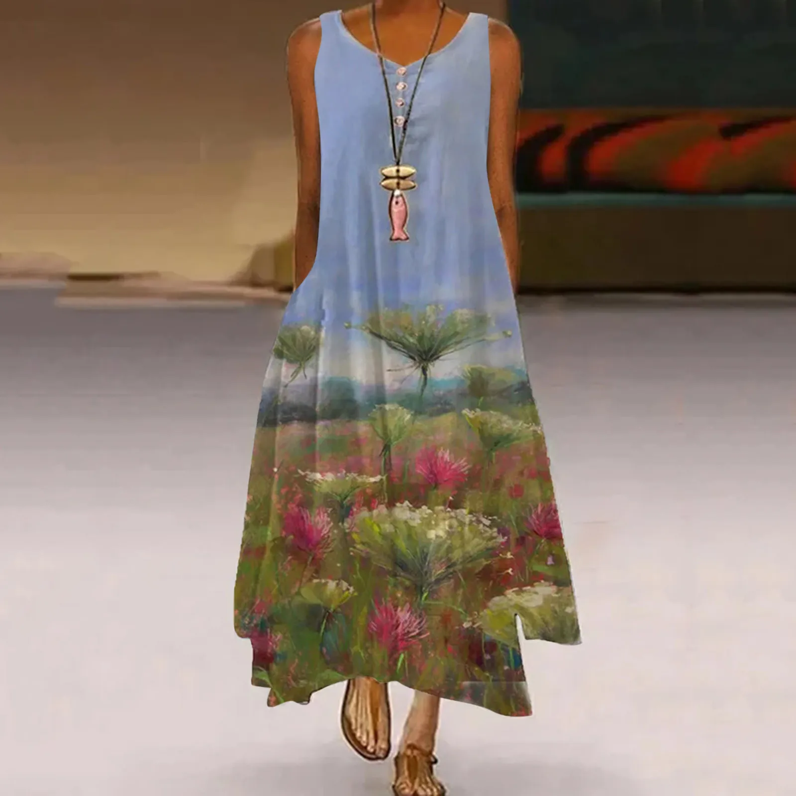 

SAGACE 2021 Women New Dresses Women Plus Size Print Daily Casual Sleeveless Vintage Bohemian O-neck Dress