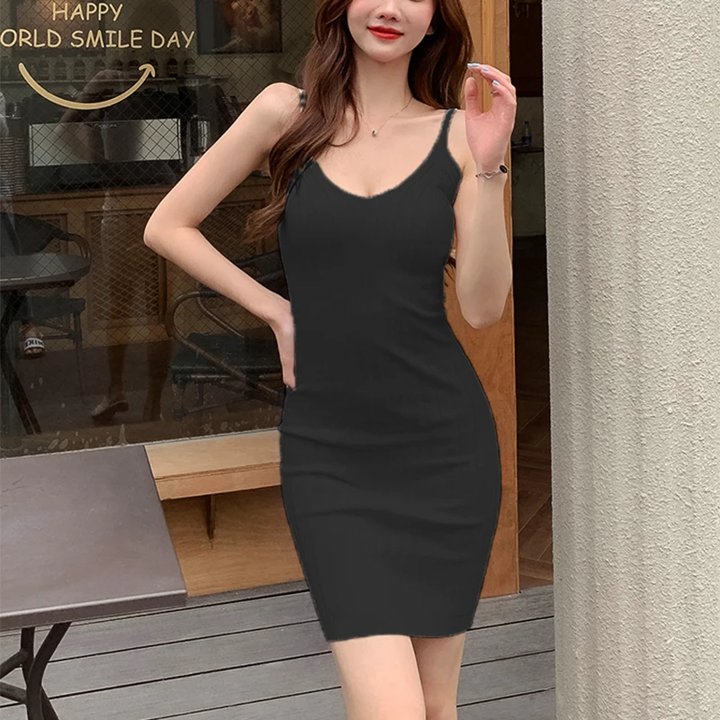 

Summer New Fashion Korean Knit Dresses For Women Stretch Slim Ribbed V Neck Sling Dress Female Pullover Solid Sleeveless Dresses