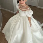 Атласное Бальное Платье для девочек, с вышивкой бисером, с коротким рукавом