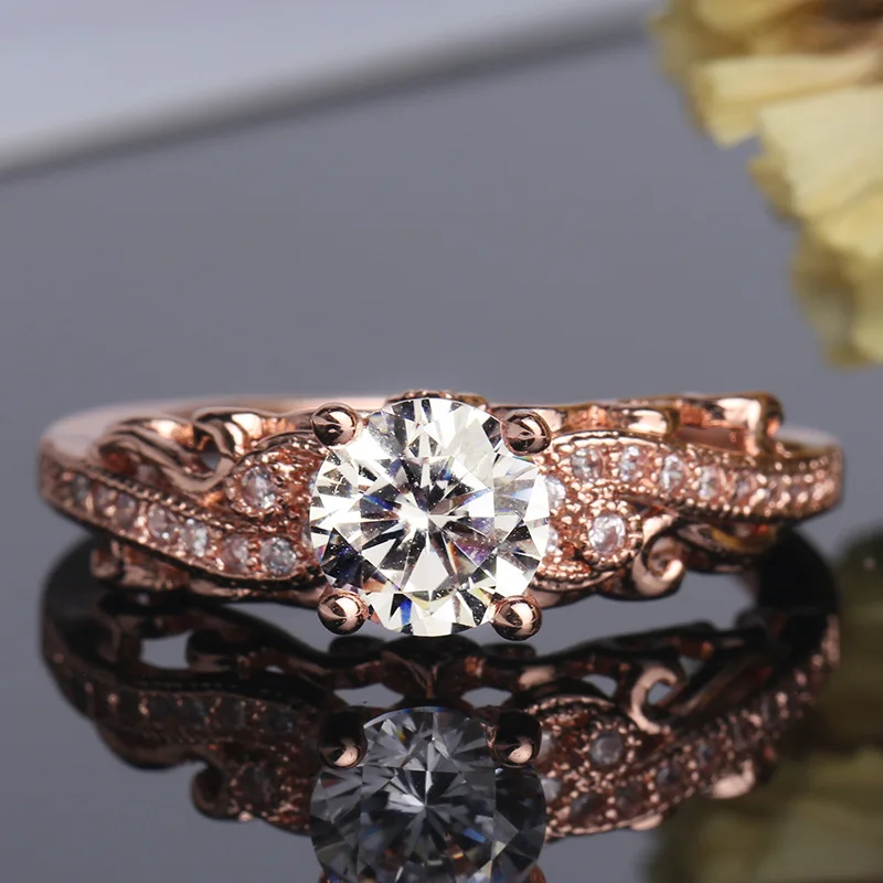 Elegant Retro Rose Gold Color Rings Four Claw Solitaire Cz Crystal Forever Wedding Ring Jewelry For Women Bands 6-10 | Украшения и