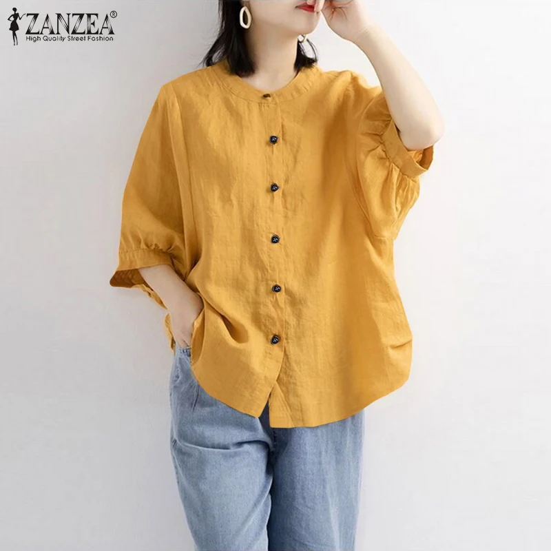 

Женская рубашка оверсайз ZANZEA, летняя однотонная блузка на пуговицах с рукавом 3/4, винтажные Женские рабочие блузы, женские свободные повсед...