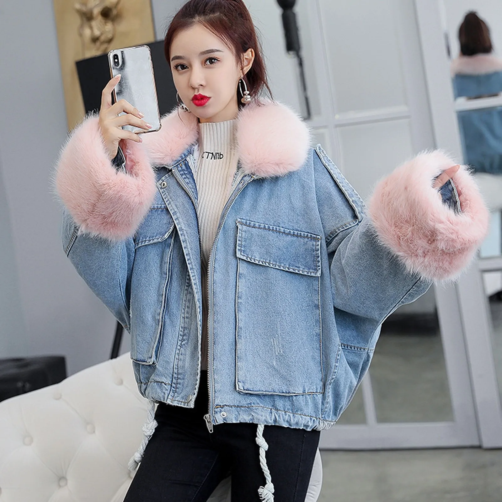 

New Warm Winter Jacket Women Autumn Furry Coat Female Jeans Denim Jackets Basic Ladies Top Women's Bomber Jacket 2020#g30