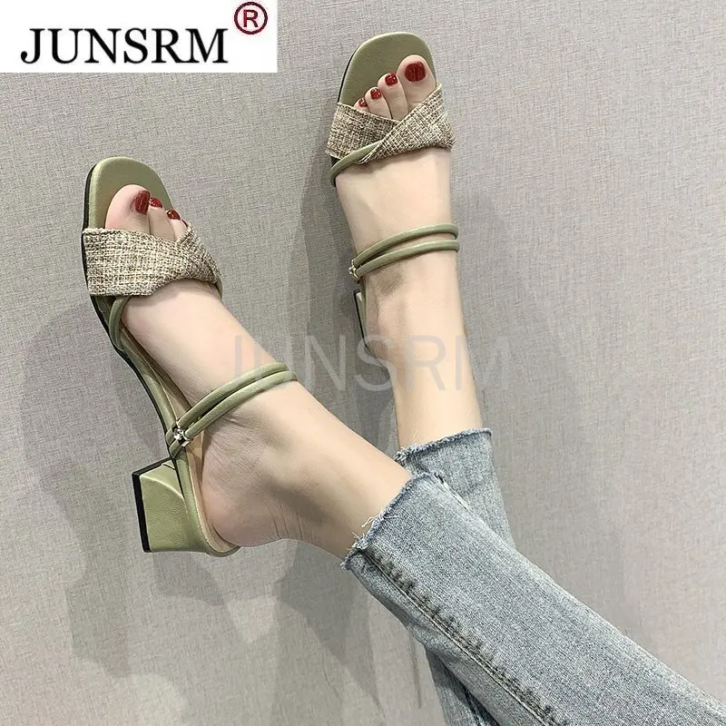 

Shoes Woman 2021 Slippers Soft Med Pantofle Luxury Slides Square Toe Comfort New Designer Block PU Rome Rubber Hoof Heels