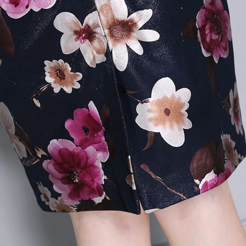 

Luxury High Quality Sheepskin Womens Floral Printing Wrap Skirts High Waist Knee Length Real Leather Ladies Skirts Plus Size 4XL