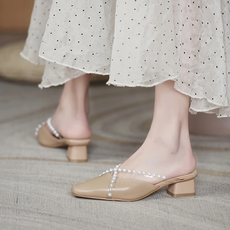 

Shoes String Bead Ladies' Slippers Slipers Women Med Cover Toe Transparent Heel Female Mule Loafers Square heel Heeled Mules 202