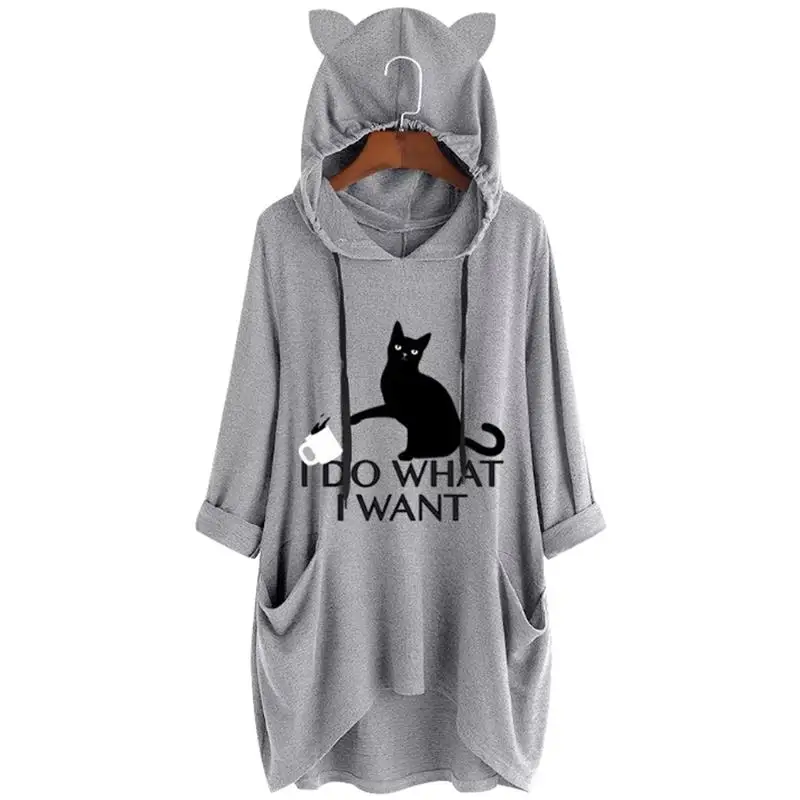 

5XL Women Hoodies I Do What I Want Letter Print Cat and Cup Ear Pattern Pocket Oversized Sweatshirt Fashion Casual Hooded Female