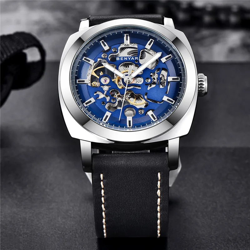 Мужские автоматические механические часы скелетоны Benyar роскошные спортивные