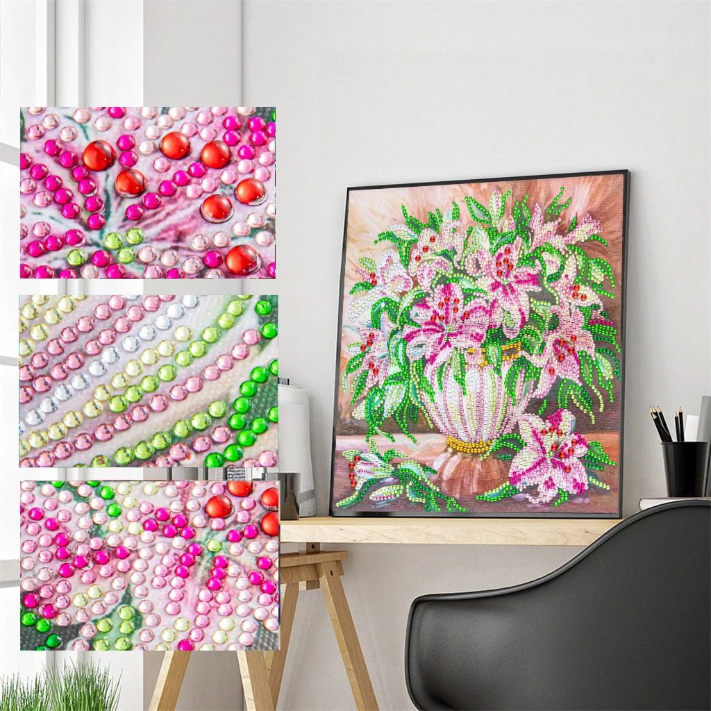 

Pink Lily 5D DIY Special Shaped Diamond Painting Flowers Partial Drill Diamond Embroidery Rhinestone Cross Stitch Gift