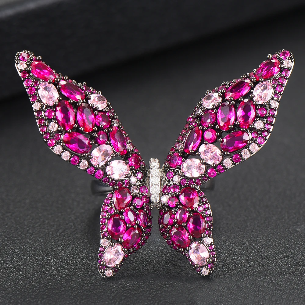 Hot Pink GODKI корейские роскошные кольца с бабочкой для женщин Свадебные обручальные свадебные с кубическим Цирконом аксессуары из Дубая кольцо на палец ювелирные изделия - Цвет основного камня: Hot Pink