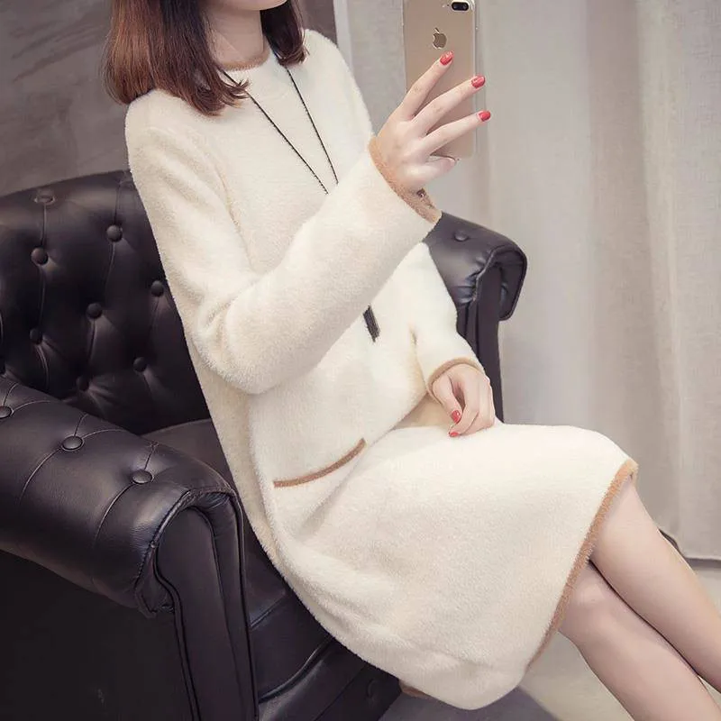 Женский вязаный пуловер свитер платье новая мода имитация воды бархатное