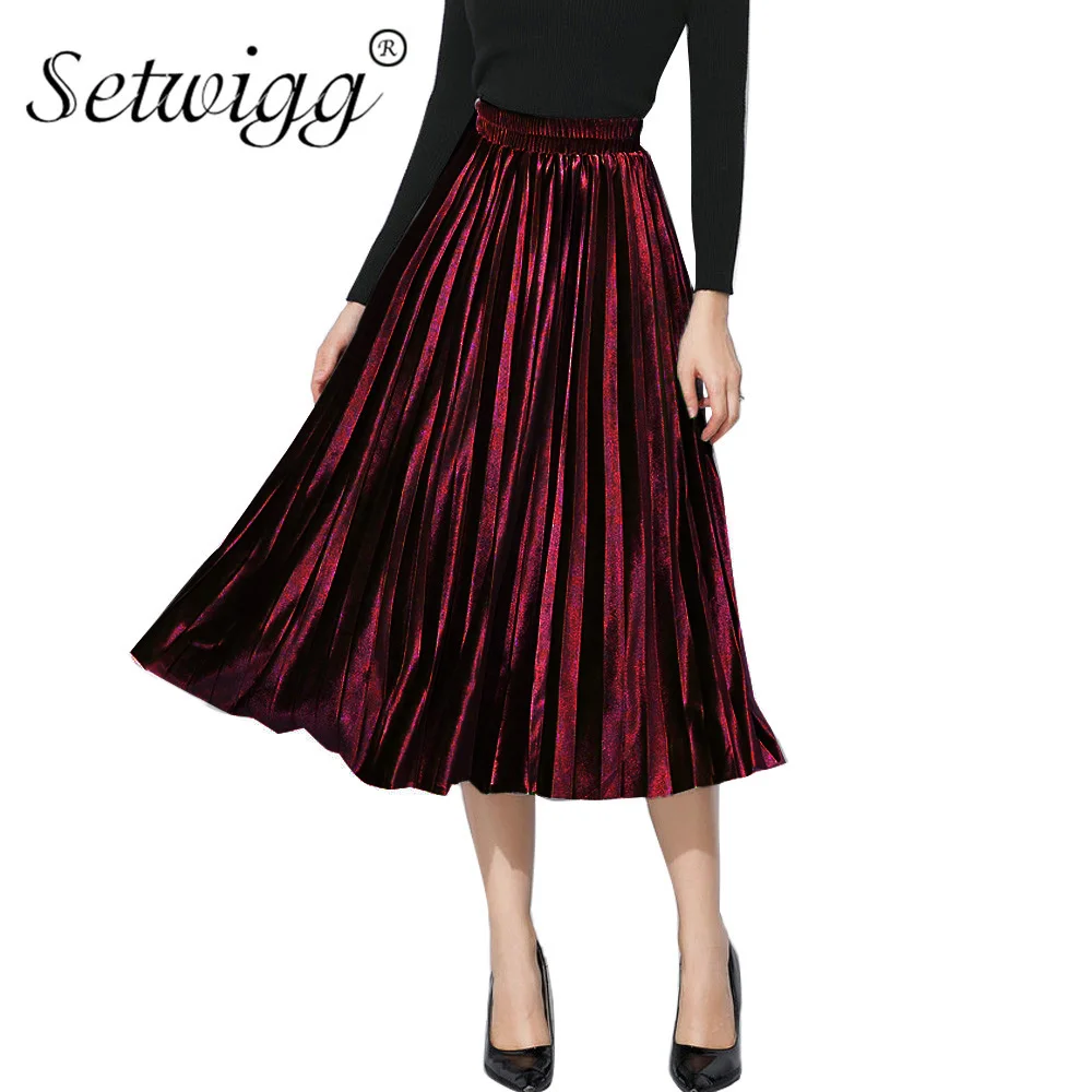 

SETWIGG Korean Style Winter Pleuche A-line Long Pleated Skirts Stretch Waisted Elegant Velvet Mid-calf Pleated Skirts SG2922