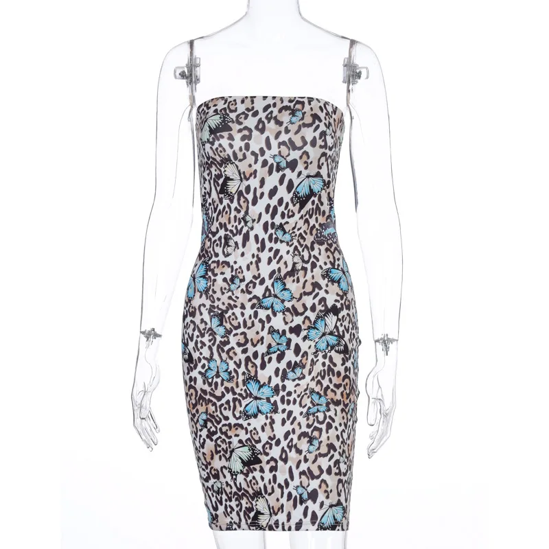 

Sexy Women Lady Sling Bandage Bodycon Sundress Sleeveless Strapless Butterfly Printed Pencil mini dress club vestido