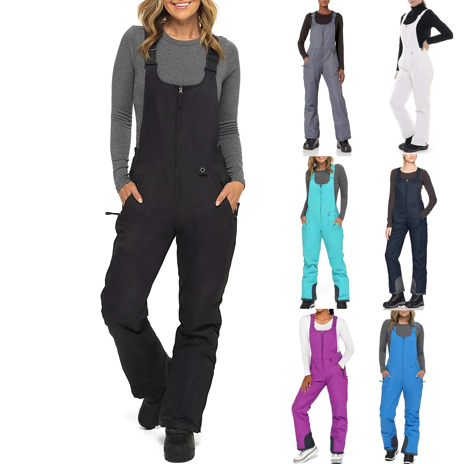 

2021 Women Warm And Waterproof Skiing Pants Overalls Insulated Bib Overalls Solid Color Pocket One-Piece Suspenders Trousers